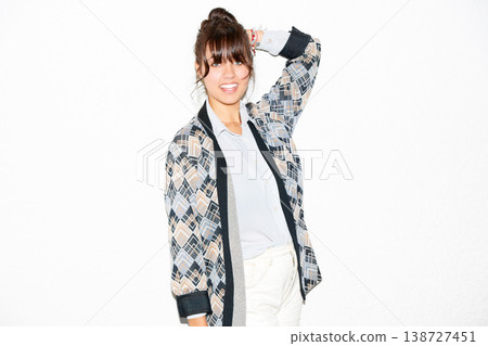 Fashion, happy and portrait of woman on a white background with confidence, natural beauty and smile. Cosmetics, glamour and isolated person in trendy clothes, casual outfit and style in studio Fashion, happy and portrait of woman on a white background with confidence, natural beauty and smile. Cosmetics, glamour and isolated person in trendy clothes, casual outfit and style in studio 138727451