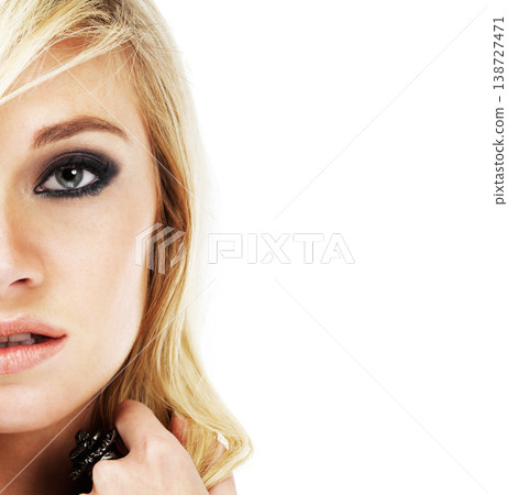 Portrait of blonde woman in eyeshadow, skincare and makeup in studio isolated on white background mockup space. Face, cosmetics and beauty of serious model in facial treatment, aesthetic and wellness Portrait of blonde woman in eyeshadow, skincare and makeup in studio isolated on white background mockup space. Face, cosmetics and beauty of serious model in facial treatment, aesthetic and wellness 138727471