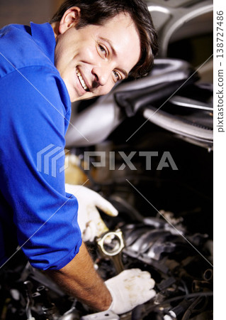 Portrait, smile and mechanic check oil on engine of car, repair and maintenance. Face, technician and happy man on motor vehicle, fixing transport or auto service inspection at shop of professional Portrait, smile and mechanic check oil on engine of car, repair and maintenance. Face, technician and happy man on motor vehicle, fixing transport or auto service inspection at shop of professional 138727486