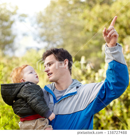 Father, child and pointing on hike in nature for teaching, learning or education of forest. Scotland, man and boy on adventure, journey or trip to explore woods, greenery or plants for quality time 138727488