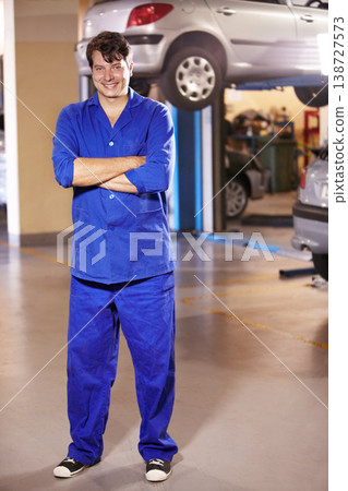 Professional, portrait and mechanic with arms crossed in a workshop for pride in a car. Smile, working and man in a garage for work, maintenance or building a vehicle for transportation or inspection Professional, portrait and mechanic with arms crossed in a workshop for pride in a car. Smile, working and man in a garage for work, maintenance or building a vehicle for transportation or inspection 138727573