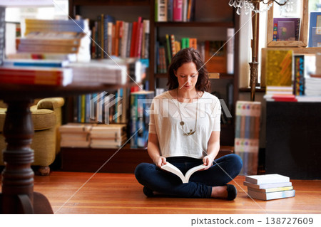 Woman, reading and floor in bookshop, library or relax for thinking for knowledge, information or literature. Girl, books and ideas for learning, education or studying on steps with research in store Woman, reading and floor in bookshop, library or relax for thinking for knowledge, information or literature. Girl, books and ideas for learning, education or studying on steps with research in store 138727609