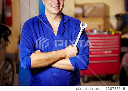 Happy man, arms crossed and hands of mechanic with spanner to repair, maintenance and auto service. Confident technician, wrench and tools to fix, inspection and professional at garage or workshop Happy man, arms crossed and hands of mechanic with spanner to repair, maintenance and auto service. Confident technician, wrench and tools to fix, inspection and professional at garage or workshop 138727646