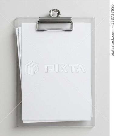 Transparent Acrylic Clipboard With White Papers on Clean Minimal Background Flat Lay 138727650