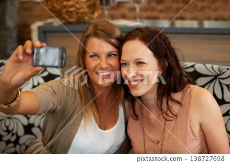 Women friends, selfie and happy in cafe for reunion, web blog and smile together for memory on internet. Girl, coffee shop and relax with photography, profile picture or post on social network app 138727698