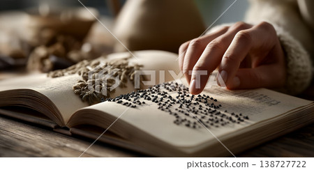 Touching raised dots carefully. Hand gently exploring tactile braille in dimly lit space 138727722