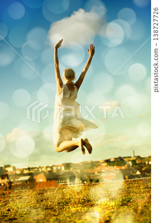Woman, jumping and freedom with back, vacation, and outdoor for holiday, bokeh and city. Confident, energy and urban area for break, getaway and carefree with sky, barefoot and amsterdam spring time Woman, jumping and freedom with back, vacation, and outdoor for holiday, bokeh and city. Confident, energy and urban area for break, getaway and carefree with sky, barefoot and amsterdam spring time 138727726