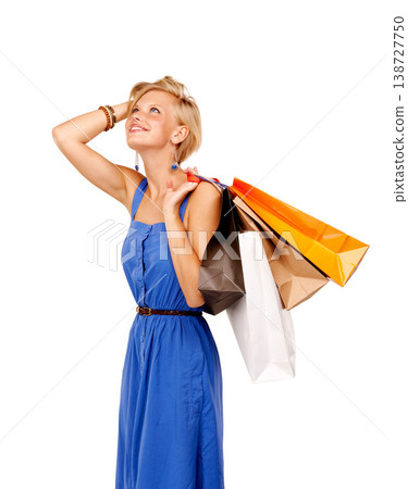 Woman, thinking and shopping bag for fashion sale, discount and retail choice, inspiration or decision in studio. Happy customer or person search for gift ideas and clothes on a white background Woman, thinking and shopping bag for fashion sale, discount and retail choice, inspiration or decision in studio. Happy customer or person search for gift ideas and clothes on a white background 138727750