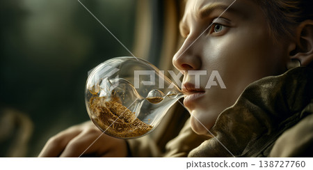 Woman holding glass. Surreal depiction of woman with shimmering glass sphere and wandering spirit 138727760