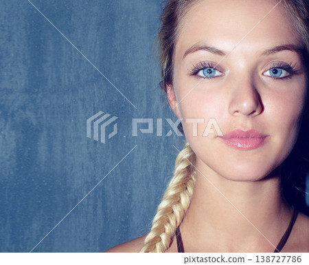 Woman, makeup and cosmetics in portrait or skin, close up and stylish or retro, aesthetic and cool. Female person, face and zoom on beauty, braid and creative or pretty girl by backdrop in mock up Woman, makeup and cosmetics in portrait or skin, close up and stylish or retro, aesthetic and cool. Female person, face and zoom on beauty, braid and creative or pretty girl by backdrop in mock up 138727786
