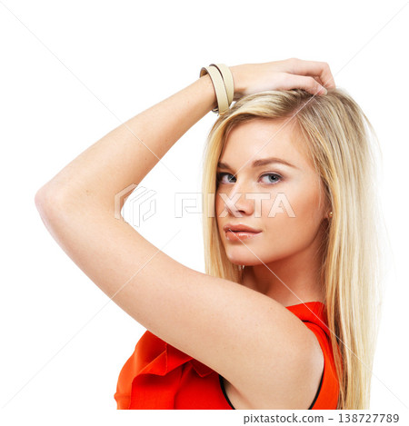 Confident, fashion and portrait of woman on a white background with pride, cosmetics and beauty. Aesthetic, face and isolated person in red clothes for stylish outfit, style and elegant in studio 138727789