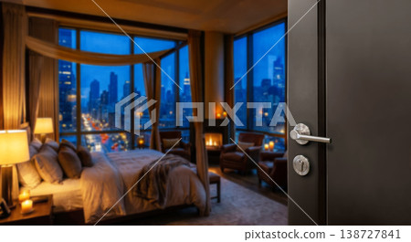 Half Opened door of hotel room with blurred luxury bedroom background Half Opened door of hotel room with blurred luxury bedroom background 138727841