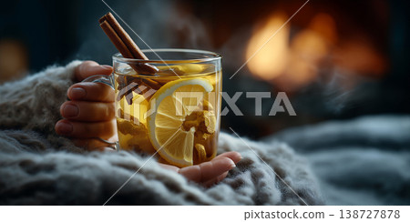 Relaxing hygge atmosphere with warm lighting and soothing beverage in comfortable surroundings 138727878