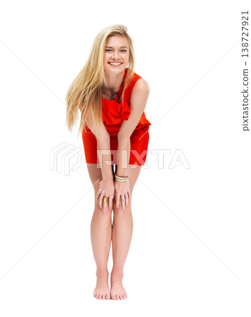 Fashion, smile and portrait of woman in dress, body and glamour with girl in studio. Luxury, elegance and red designer clothes with beauty model isolated on white background for event, party or style Fashion, smile and portrait of woman in dress, body and glamour with girl in studio. Luxury, elegance and red designer clothes with beauty model isolated on white background for event, party or style 138727921