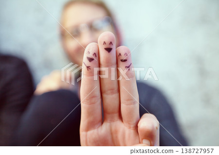 Fingers, smiley and happy drawing of family, woman and symbol or emoji, sign and icon or fun art. Hands, expression and artistic or cool, creative and craft for aesthetic, hope and joy in tattoo Fingers, smiley and happy drawing of family, woman and symbol or emoji, sign and icon or fun art. Hands, expression and artistic or cool, creative and craft for aesthetic, hope and joy in tattoo 138727957