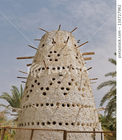 A traditional Egyptian dove tower surrounded by palm trees A traditional Egyptian dove tower surrounded by palm trees 138727962