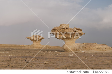 The silhouette of a mushroom-shaped rock standing in the silent landscape The silhouette of a mushroom-shaped rock standing in the silent landscape 138727979