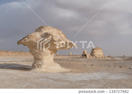 The solitary mushroom-shaped rock formation and the silence of the vast desert The solitary mushroom-shaped rock formation and the silence of the vast desert 138727982