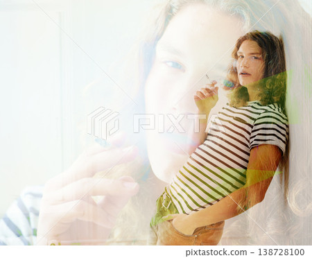 Portrait, man and smoking of cigarette for double exposure for fashion, clothes or style. Sweden, male model and pose with natural, cool and curly hair in space for tobacco, trendy and casual Portrait, man and smoking of cigarette for double exposure for fashion, clothes or style. Sweden, male model and pose with natural, cool and curly hair in space for tobacco, trendy and casual 138728100