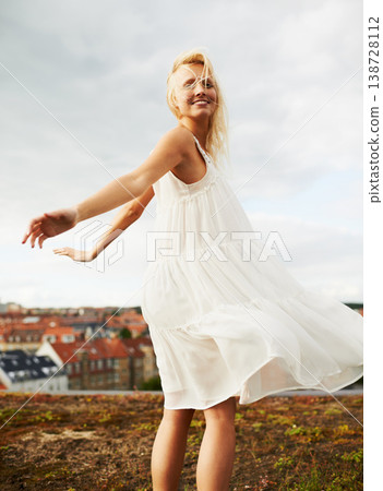 Woman, happy and dancing on holiday, summer and outdoor for vacation, smiling and city. Freedom, dancer and urban area for break, getaway and carefree on trip, countryside and amsterdam spring time Woman, happy and dancing on holiday, summer and outdoor for vacation, smiling and city. Freedom, dancer and urban area for break, getaway and carefree on trip, countryside and amsterdam spring time 138728112