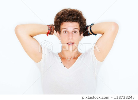 Shock, accessories or portrait of person in studio on white background for fashion, swag or unique style. Wow, man or bracelet jewellery on a young punk male model for trendy or edgy expression 138728243