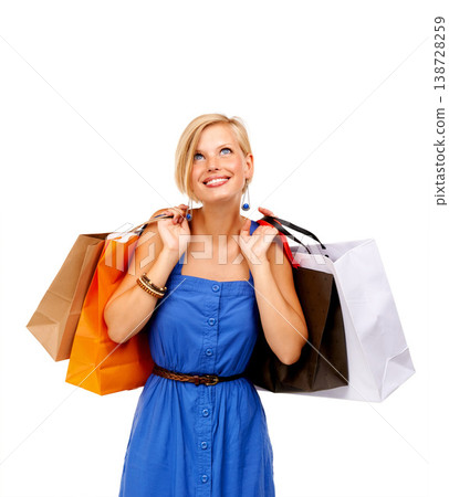 Happy woman, shopping bag and thinking of retail discount, sale and giveaway or fashion choice on white background. Customer or excited shopper with ideas, clothes decision or commerce loan in studio Happy woman, shopping bag and thinking of retail discount, sale and giveaway or fashion choice on white background. Customer or excited shopper with ideas, clothes decision or commerce loan in studio 138728259