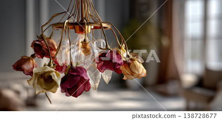 Vintage floral illumination. Floweradorned hanging lamp creating warm nostalgic ambiance Vintage floral illumination. Floweradorned hanging lamp creating warm nostalgic ambiance 138728677