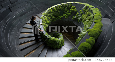 Carefully studied scene featuring spiral staircase with moss and plant contrasts Carefully studied scene featuring spiral staircase with moss and plant contrasts 138728678