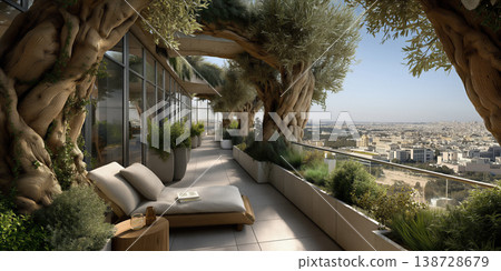 Morning light on urban terrace. Peaceful city outlook with olive trees and cozy lounge chairs 138728679