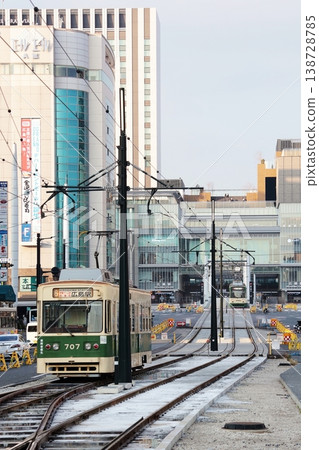 A Hiroshima Electric Railway streetcar running near Hiroshima Station. A Hiroshima Electric Railway streetcar running near Hiroshima Station. 138728785