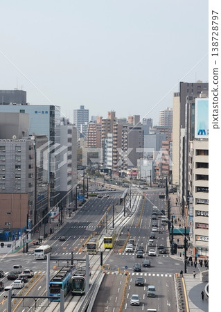 A view of the city in front of Hiroshima Station from the rooftop of the Hiroshima Station building. 138728797