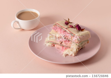 Pastel dessert stack with cotton texture minimal aesthetic composition 138728846
