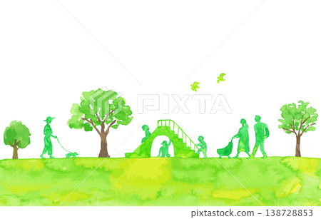 A watercolor illustration of trees and people in a park. 138728853