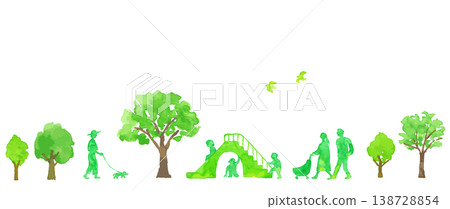 Watercolor background image of a park: green trees and people 138728854