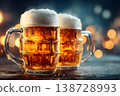 Two Frosty Beer Mugs with Foamy Tops in Festive Bokeh Atmosphere - Celebratory Beverage Stock Photo Generative AI 138728993