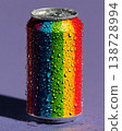 Vibrant Rainbow-Colored Beverage Can with Water Droplets for Refreshing Summer Concept Design Generative AI 138728994