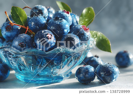 Fresh Blueberries in Glass Bowl with Dew Drops and Leaves Perfect for Healthy Summer Recipes Generative AI 138728999
