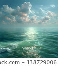 Serene Ocean Horizon with Sunlit Waves and Dramatic Clouds for Nature Photography Generative AI 138729006