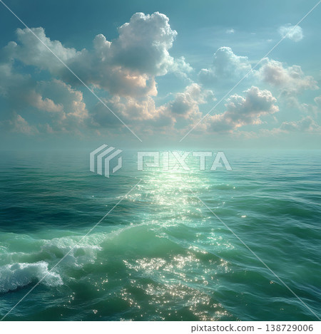 Serene Ocean Horizon with Sunlit Waves and Dramatic Clouds for Nature Photography Generative AI 138729006