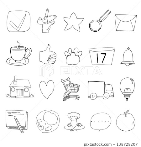 Simple and cute handwritten emoji icons with transparent black and white outlines. 138729207