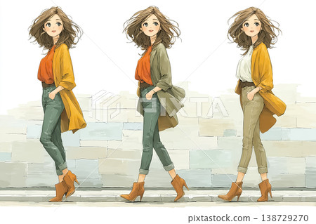 美優系列：三位年輕女性褲裝搭配對比插畫素材 138729270