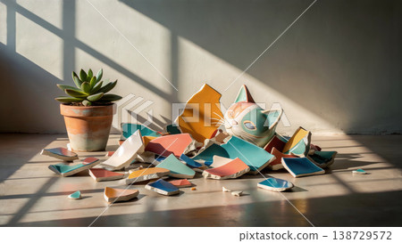 Broken ceramic fragments and a cat sculpture (Art concept, regeneration, restoration) 138729572