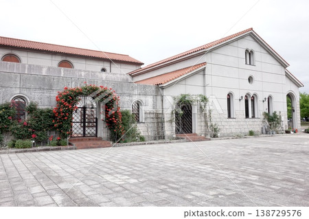 European-style building exterior with a rose arch. European-style building exterior with a rose arch. 138729576