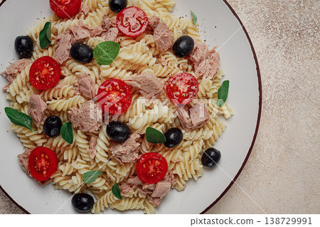 Tuna salad, fusilli pasta, olives and cherry, olive oil, homemade, 138729991