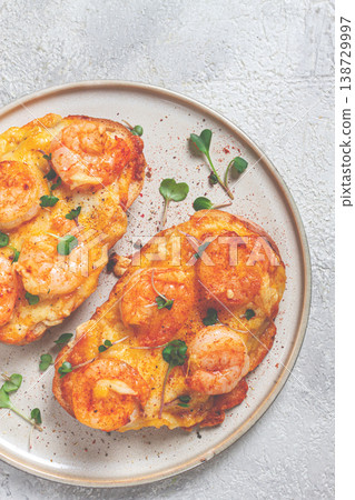 sandwiches with shrimp and cheese, baked in the oven, with microgreens, breakfast, homemade, no people, 138729997