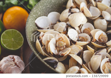 cooking, vongole clams, in a pan with spices and white wine, top view, no people, cooking, vongole clams, in a pan with spices and white wine, top view, no people, 138729999