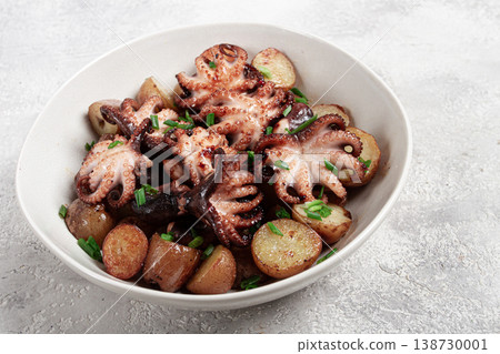 baby grilled octopus with golden baked potatoes and fresh herbs, Maltese cuisine, homemade, no people, baby grilled octopus with golden baked potatoes and fresh herbs, Maltese cuisine, homemade, no people, 138730001