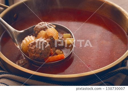 Romanian soup with meatballs, vegetable soup with meatballs, in a pot, homemade, no people, 138730007