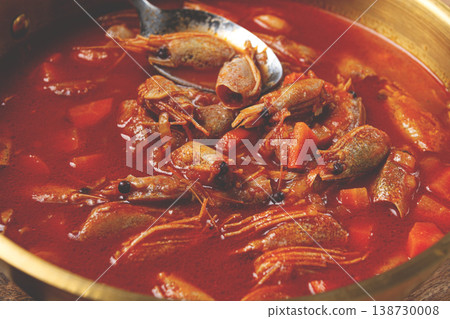 French shrimp bisque soup, in a pot, close-up, no people, French shrimp bisque soup, in a pot, close-up, no people, 138730008