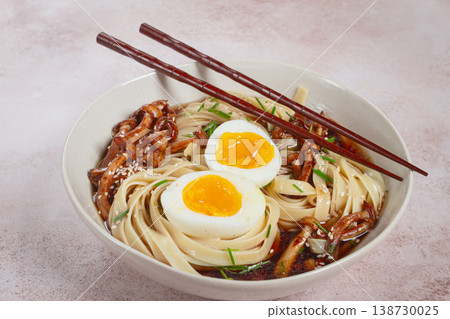 buckwheat noodles soba with shimeji mushrooms, with boiled egg, green onion, sesame seeds, homemade, without people, 138730025